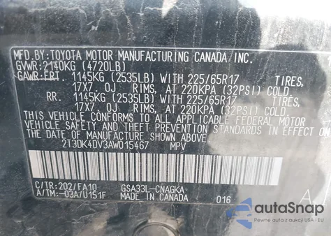 2010 Toyota Rav4 Limited V6 z USA, uszkodzony, nr VIN 2T3DK4DV3AW015467